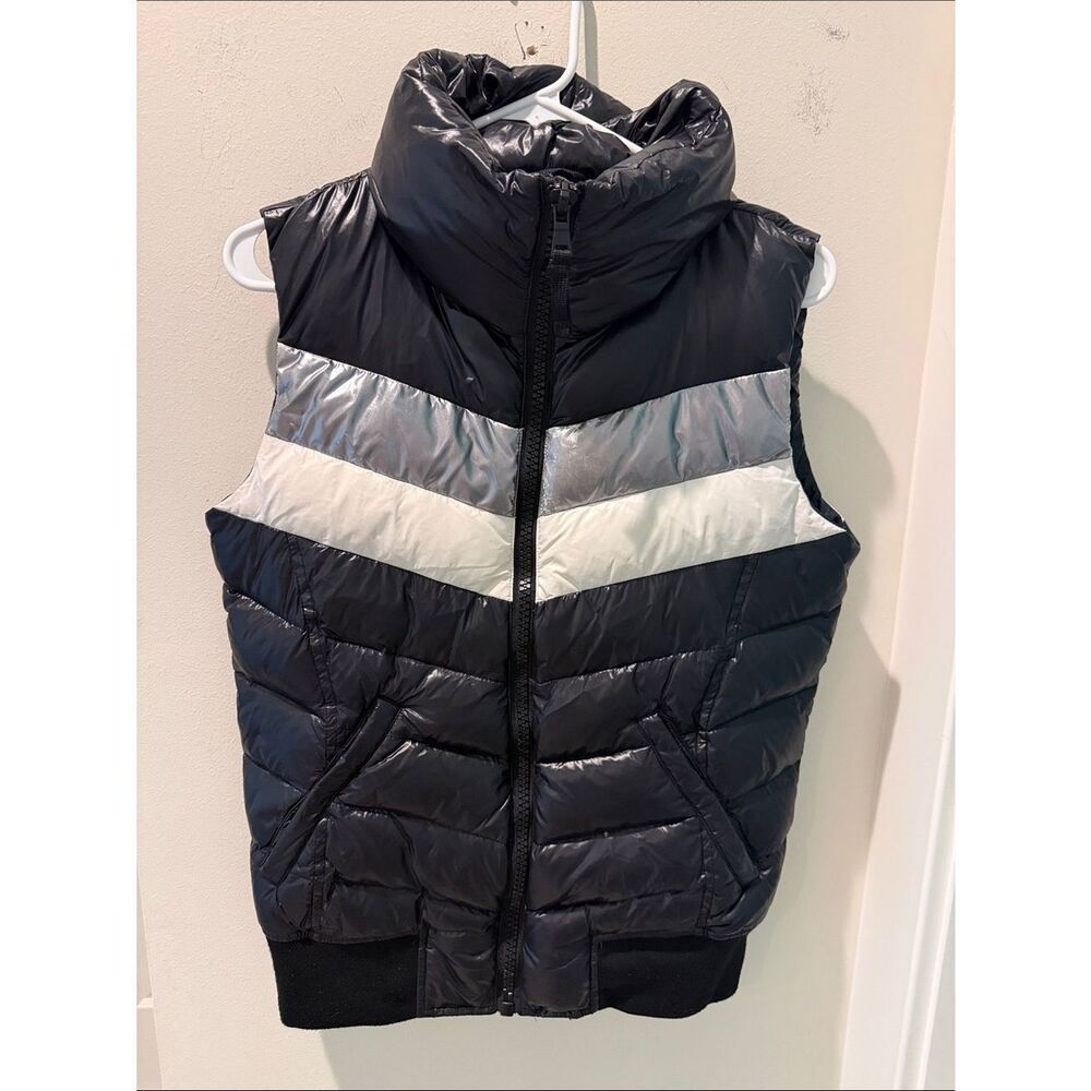 Aqua Black Down Puffer Vest with Silver and White Chevron size Small